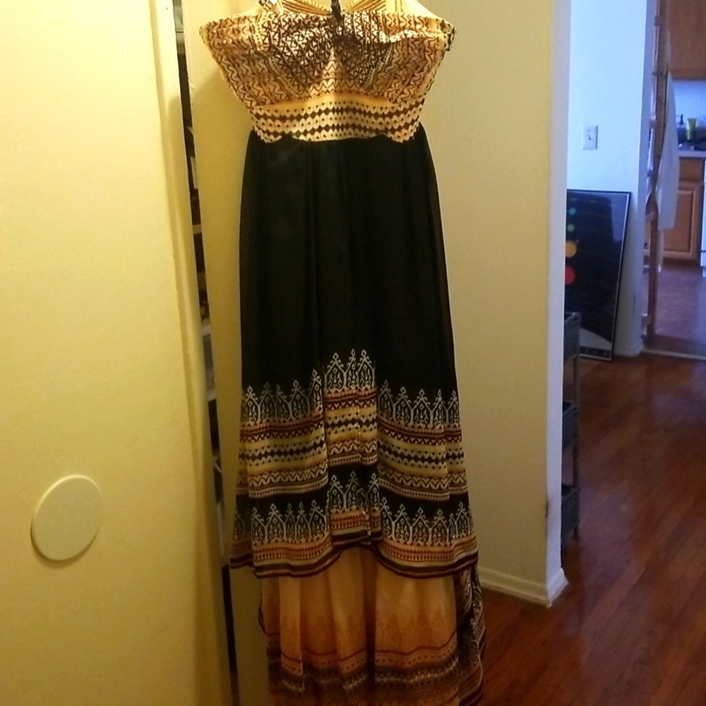 Free People strapless maxi dress, size medium. Black, coral, yellow.